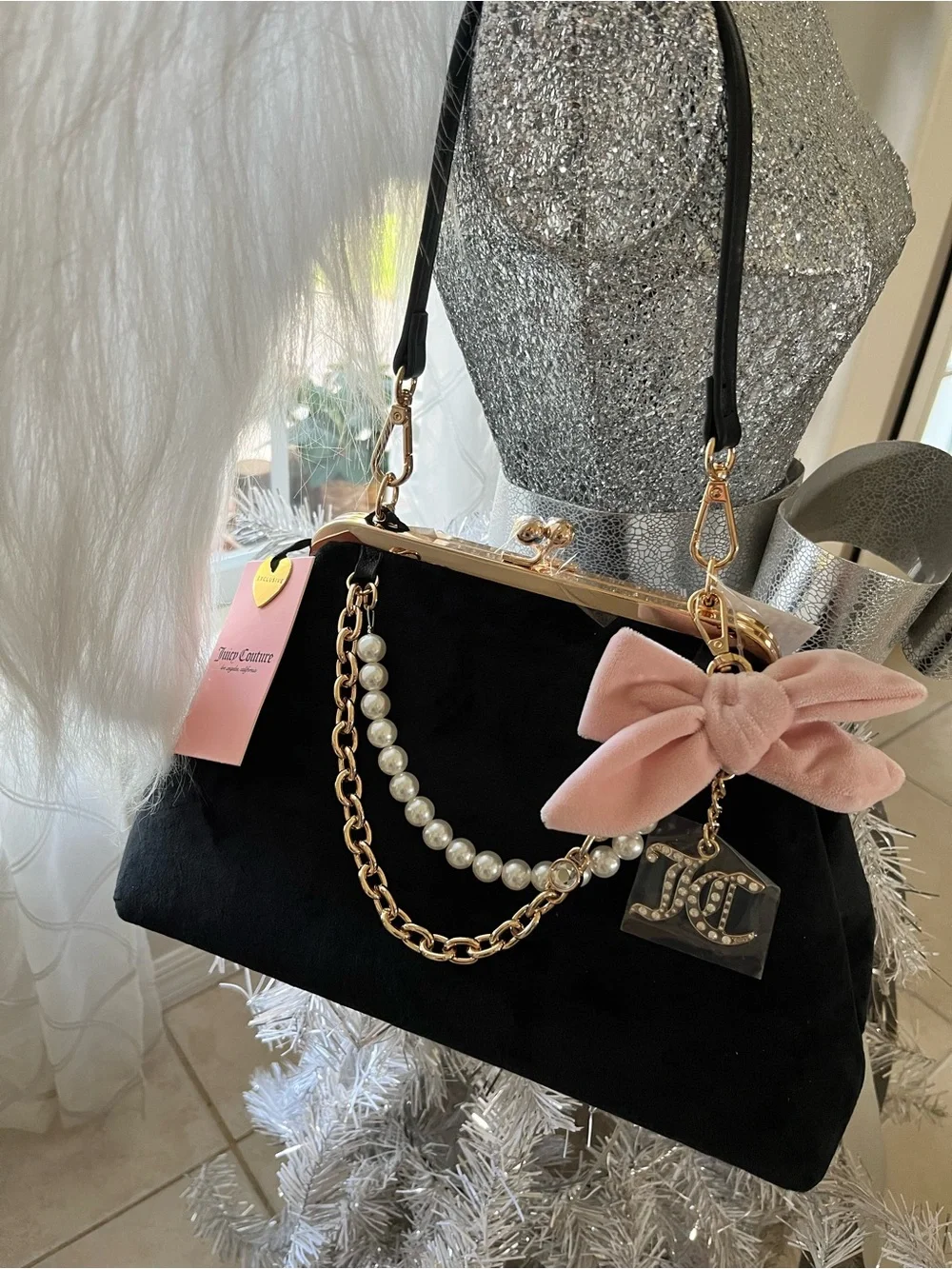 NWT Juicy Couture Lock Bag Pink Bow Pearl Chain Charm Haus Frame Clutch Licorice